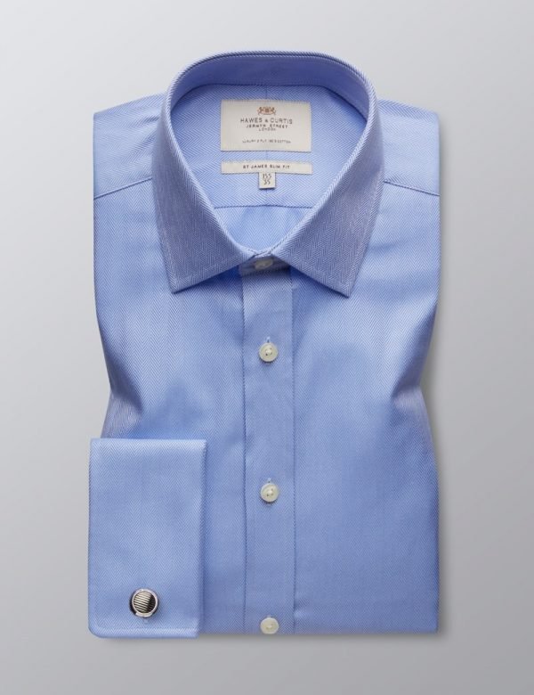 H & C Men's Blue Herringbone - Double Cuff