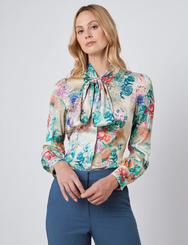 Hawes and Curtis Women Cream & Green Satin Blouse