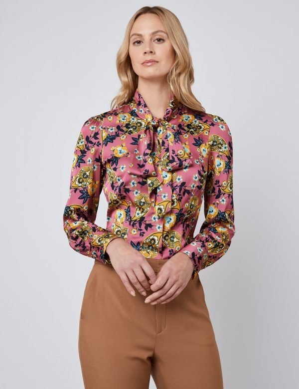 Hawes and Curtis Women Pink Floral Satin Blouse