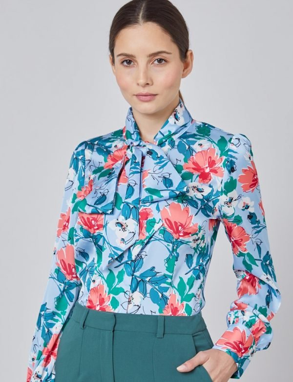 H & C Women Blue & Pink Floral Satin Blouse
