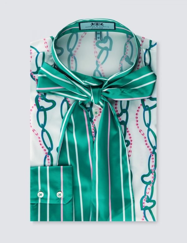 H & C Women White & Green Chain Satin Blouse