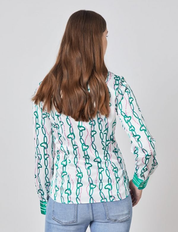 H & C Women White & Green Chain Satin Blouse