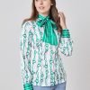 H & C Women White & Green Chain Satin Blouse