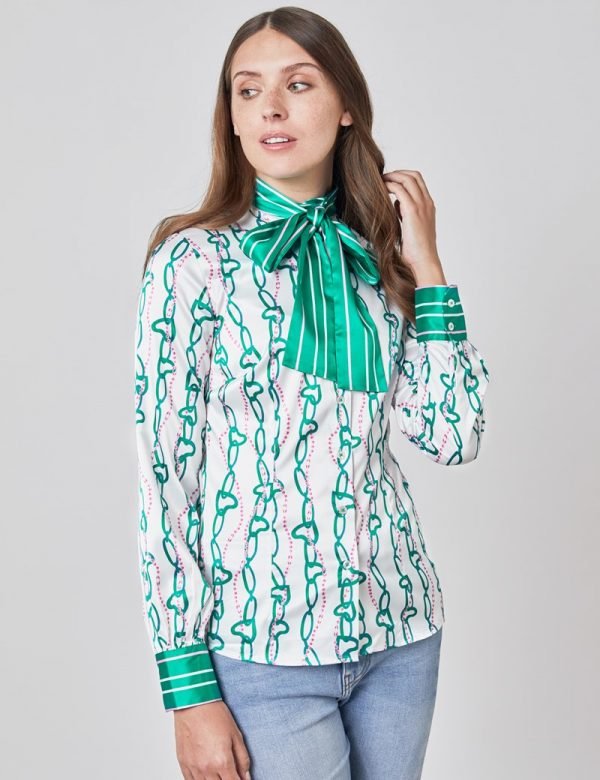 H & C Women White & Green Chain Satin Blouse
