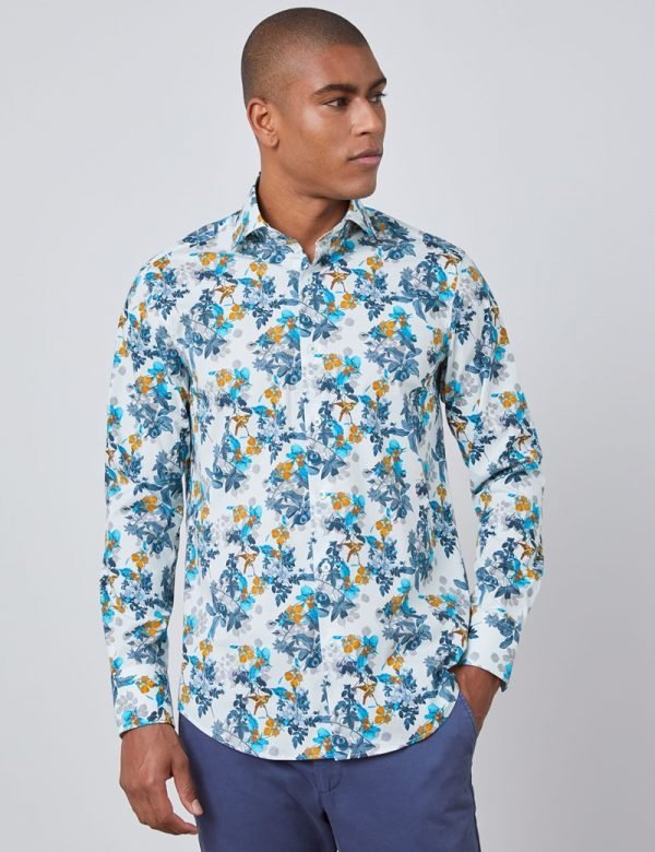 H & C Men White & Blue Floral