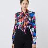H & C Women Large Lilies Satin Blouse