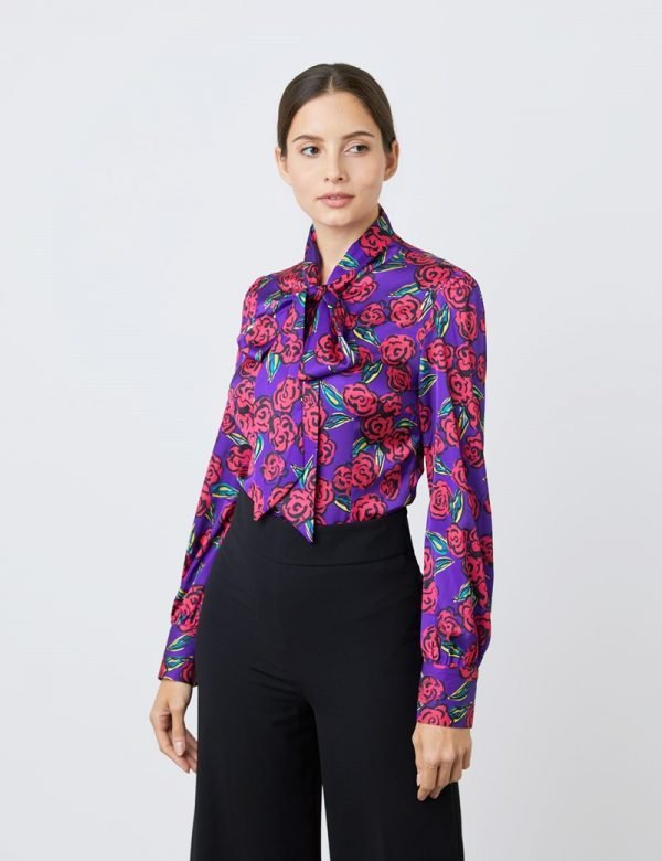 H & C Women Large Flowers Satin Blouse