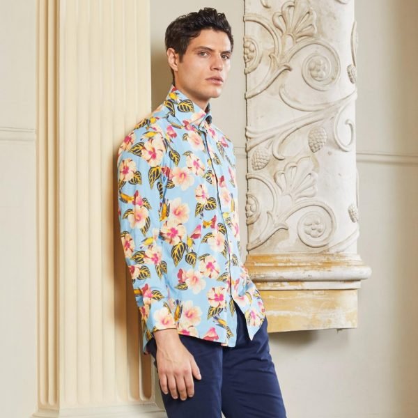 Hawes & Curtis Men Blue and Pink Tropical Holiday