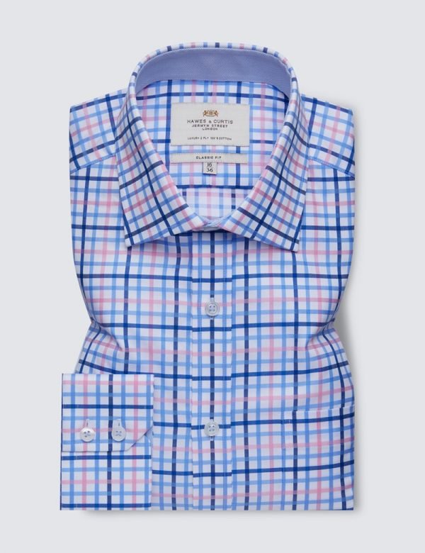 Hawes & Curtis Men Blue & Pink Check Shirt