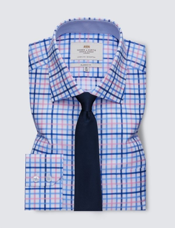 Hawes & Curtis Men Blue & Pink Check Shirt