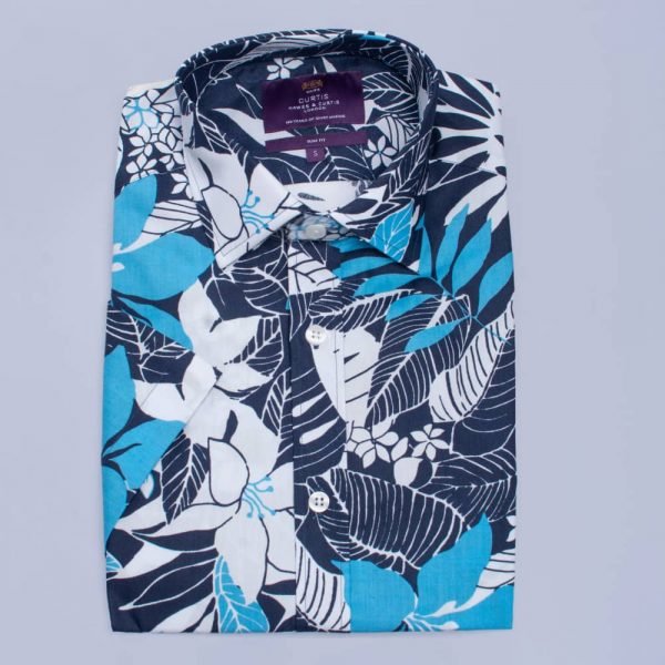 Hawes & Curtis Men Blue & White Flower Short Sleeve