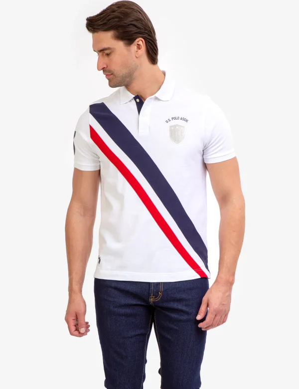 U.S.POLO WHITE DIAGONAL STRIPE PIECED PIQUE POLO SHIRT