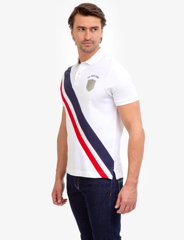 U.S.POLO WHITE DIAGONAL STRIPE PIECED PIQUE POLO SHIRT