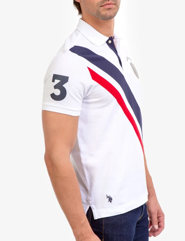 U.S.POLO WHITE DIAGONAL STRIPE PIECED PIQUE POLO SHIRT