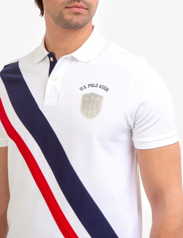 U.S.POLO WHITE DIAGONAL STRIPE PIECED PIQUE POLO SHIRT