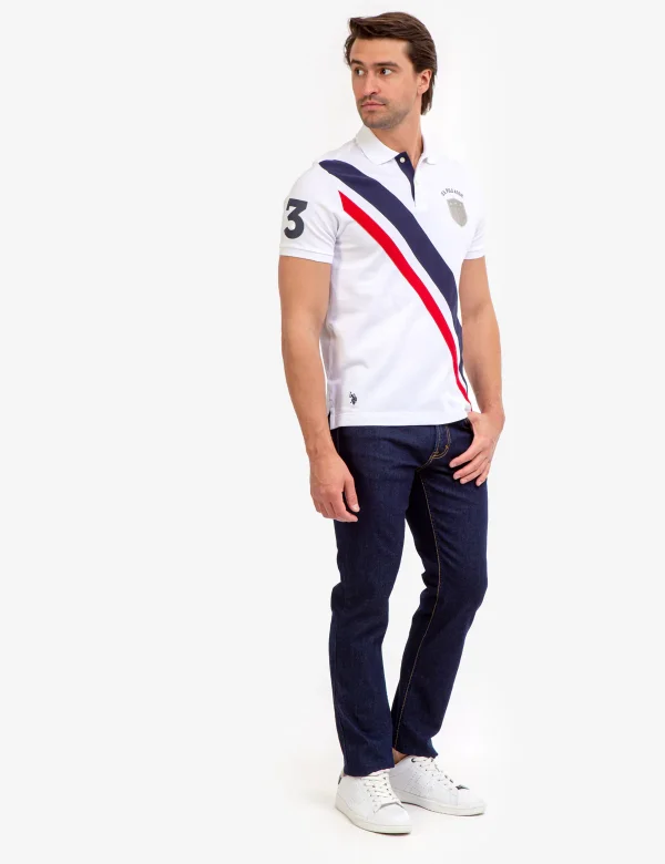 U.S.POLO WHITE DIAGONAL STRIPE PIECED PIQUE POLO SHIRT