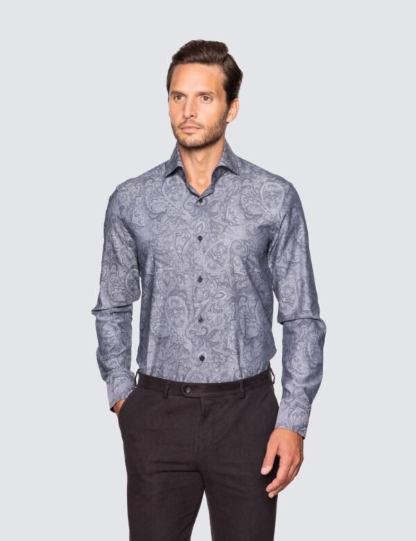Hawes & Curtis Men York Grey Jacquard Paisley Shirt