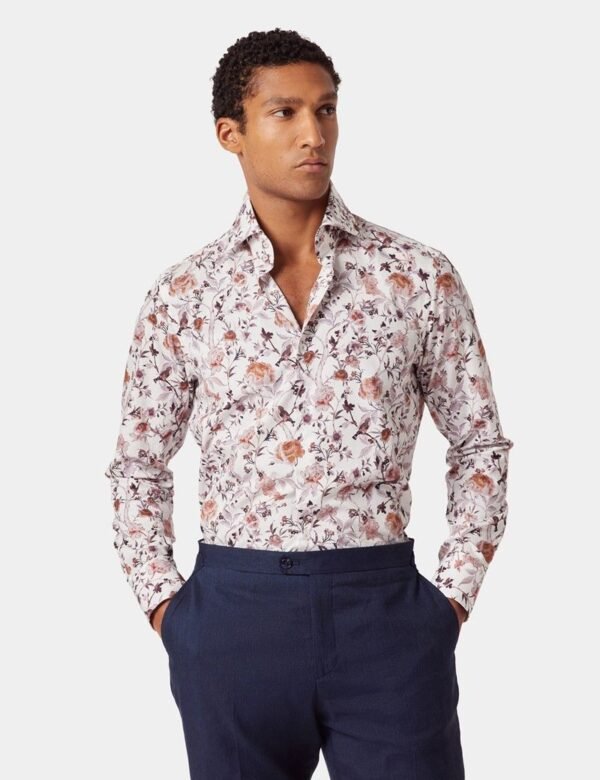 Hawes and Curtis Men White &  Brown flowered York Sc shirt
