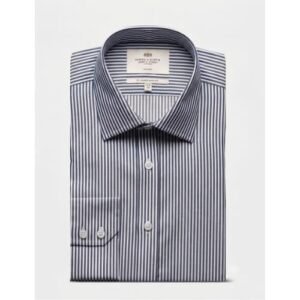 Hawes & Curtis Men Navy & White Slim Bengal Stripe Shirt