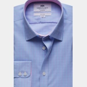 Hawes and Curtis Men's Blue & Pink Non Iron Windowpane Check Shirt