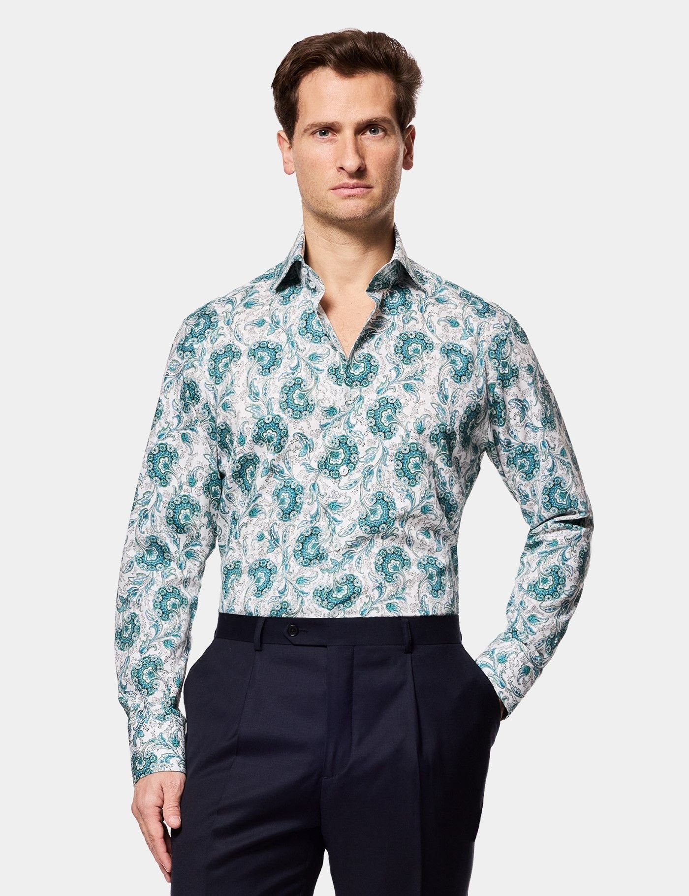 Hawes & Curtis Men White & Green York Flowered shirt